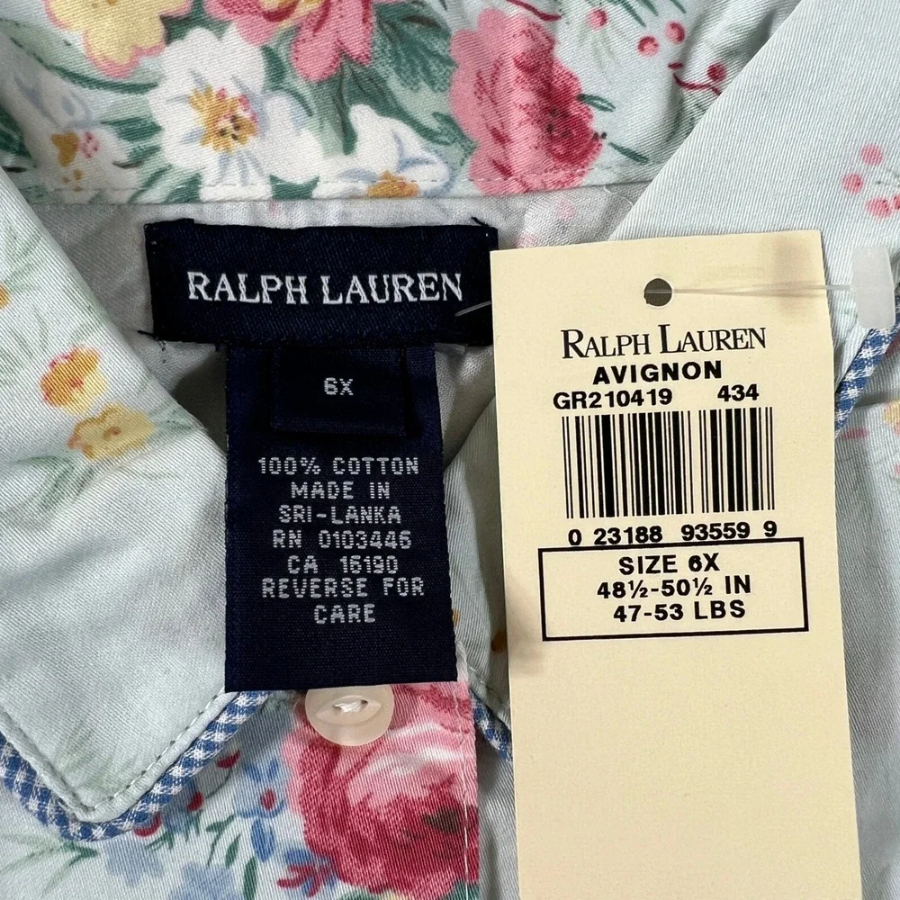 Ralph Lauren Avignon Shirt Girls 6X Mint Green Floral Sleeveless Cotton Gingham‎